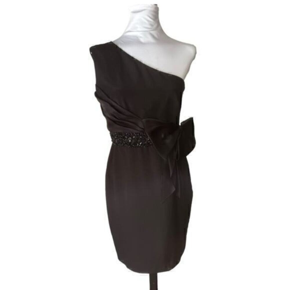Marchesa Notte Black Satin Silk‎ One Shoulder Beaded Bow Cocktail Sheath Dress 6